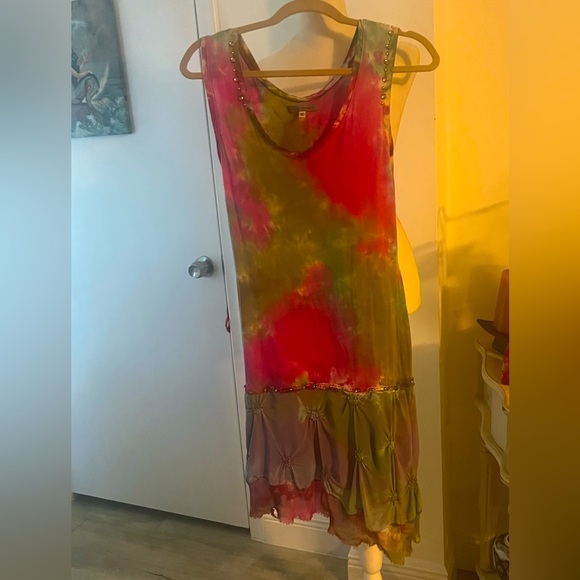 🌹COCO MEZON EUC Stunning Boho Tie Dye Pink/Green Embroidered Beaded Sz S Dress! - Picture 4 of 10